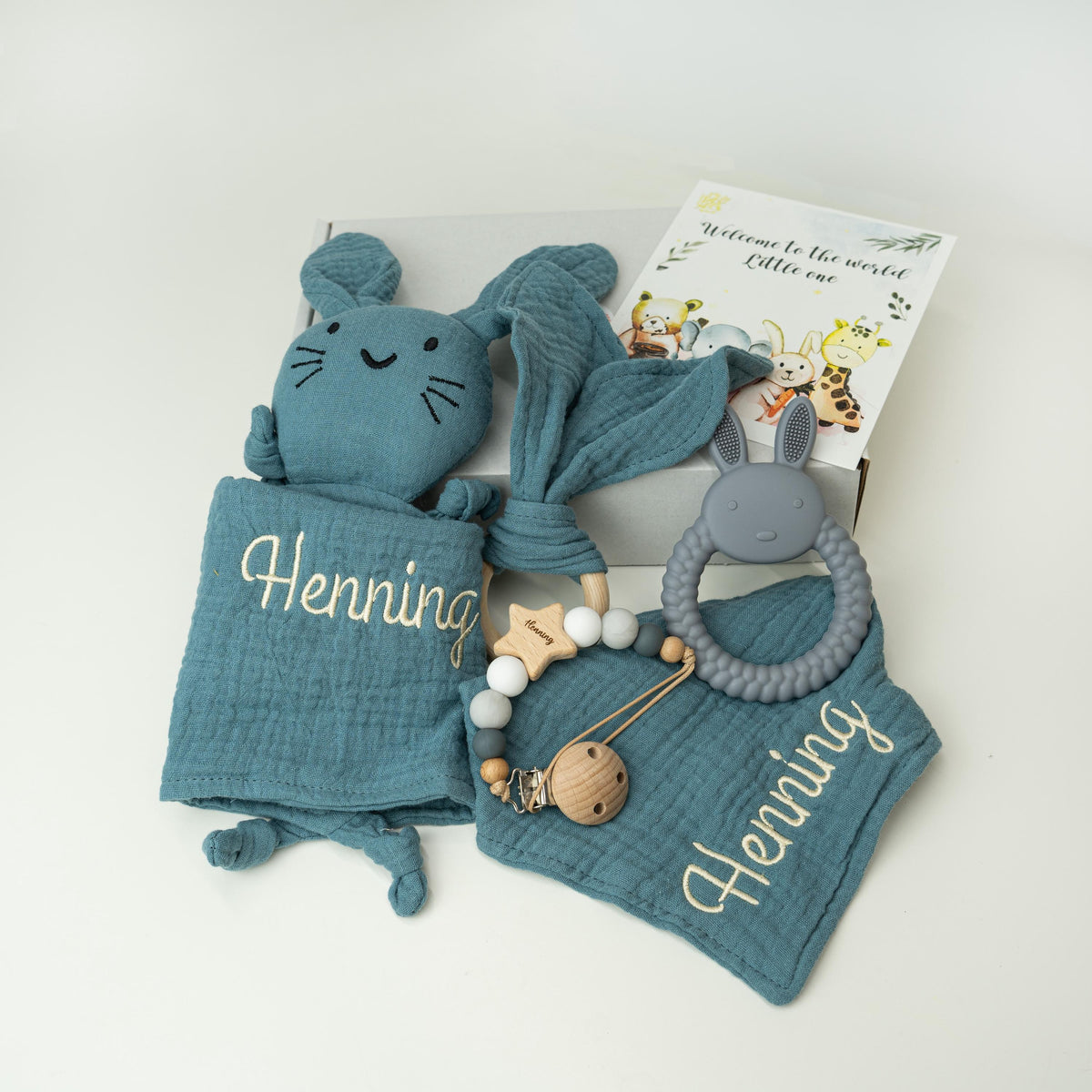 Personalized Bunny Lovey Set – Custom Baby Gift with Name Embroidery, Pacifier Clip & toy – Newborn Gift Set