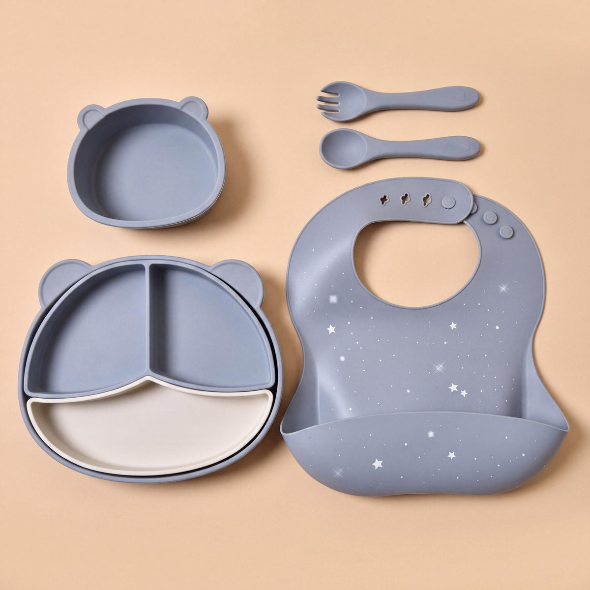 Personalized Silicone Baby Feeding Set, Bib, Plate, Bowl, Spoon, Snack Cup (Gift Box)
