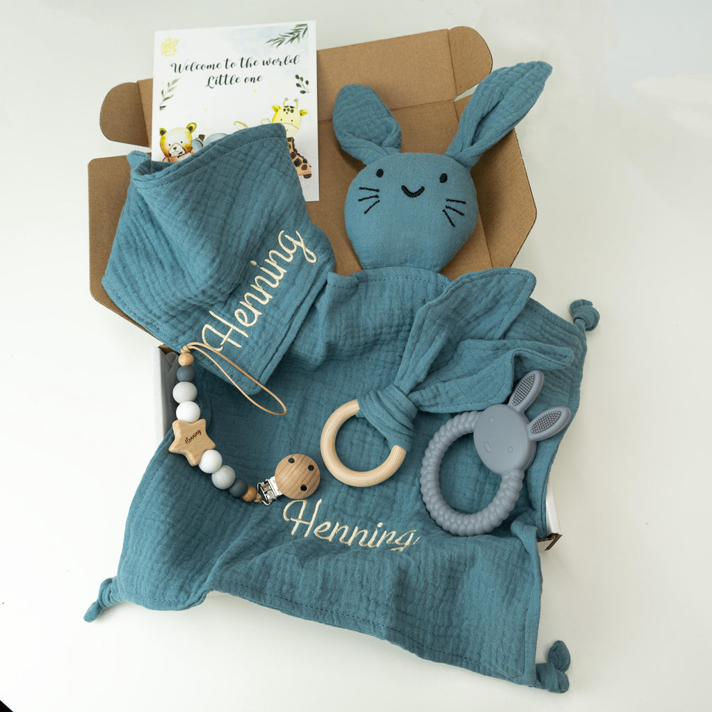 Personalized Bunny Lovey Gift Set – Embroidered Name, Pacifier Clip, Baby Bib, Toy