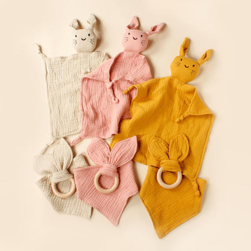Baby Bunny Soothing Towel Set: Muslin Comforter, Bib & Teether Ring
