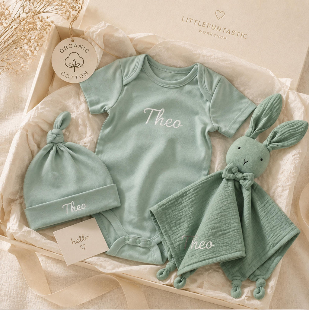 Personalized Organic Cotton Baby Gift Set, Embroidered Bodysuit, Hat, Bunny Lovey
