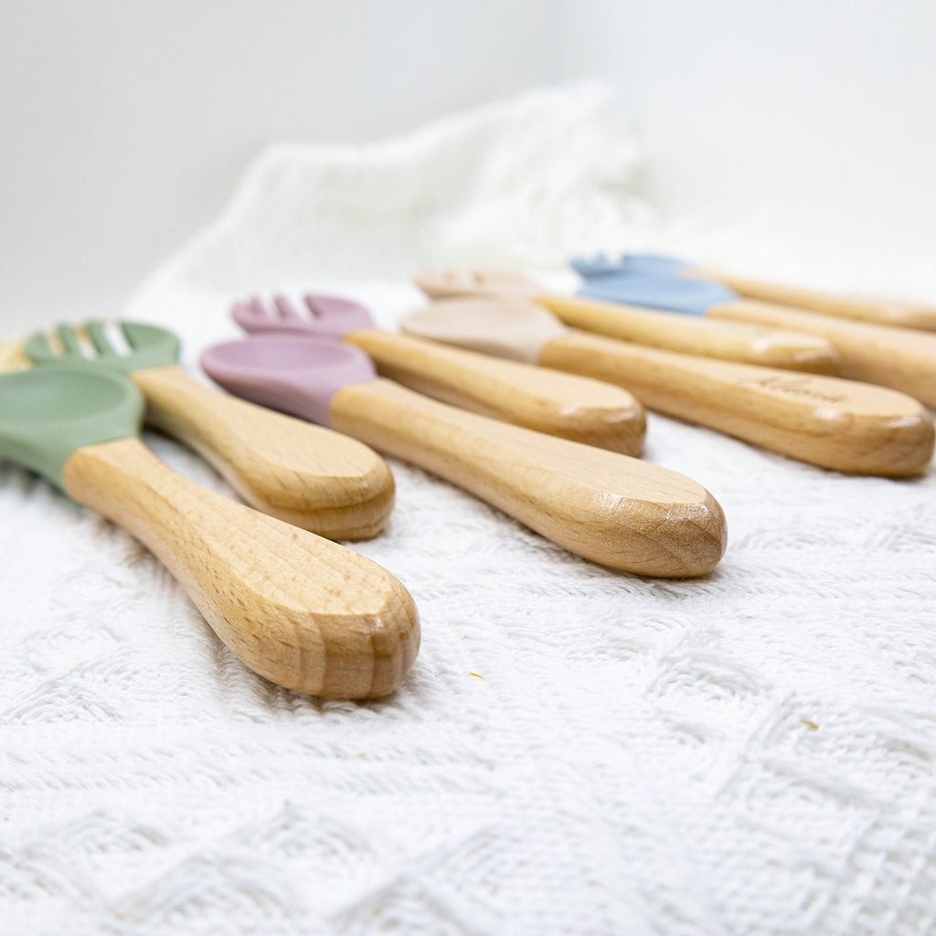 Personalized Silicone Baby Spoon and Fork Set, Wood Handle,baby shower gift