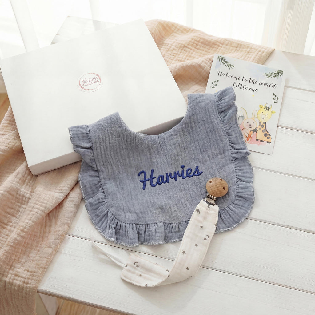 Personalized Muslin Baby Gift Set, Embroidered Bib & Pacifier Clip