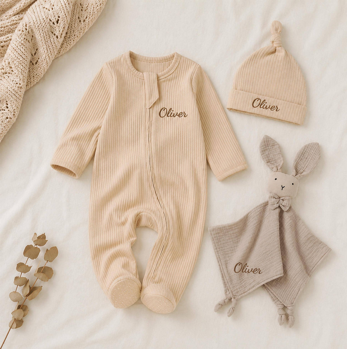 Personalized Baby Romper, Hat & Bunny Lovey Set, Newborn Gift (Organic Cotton)