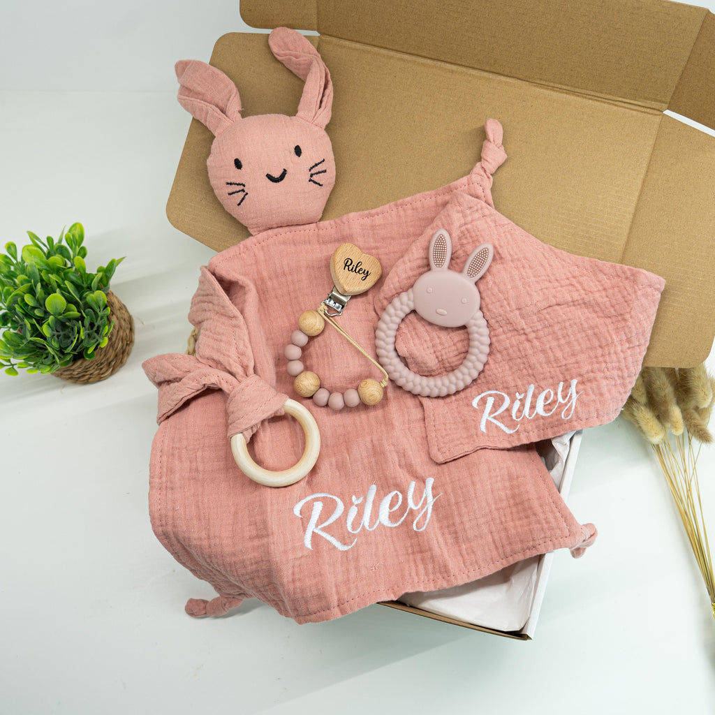 Personalized Bunny Baby Lovey Gift Set – Embroidered Muslin, Pacifier Clip, Silicone Toy
