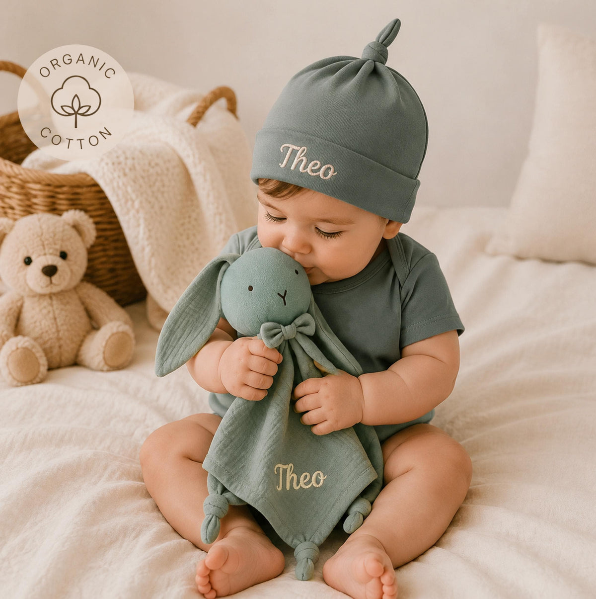 Personalized Organic Cotton Baby Gift Set, Embroidered Bodysuit, Hat, Bunny Lovey