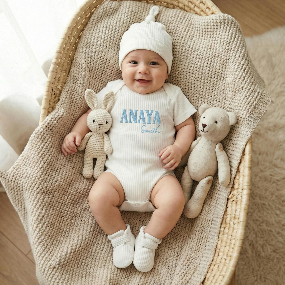 Embroidered Baby Outfit Set | Ribbed Cotton Bodysuit, Hat & Booties