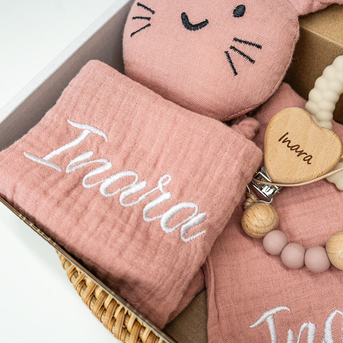 Personalized Bunny Lovey Gift Set – Embroidered Muslin, Pacifier Clip & Toy