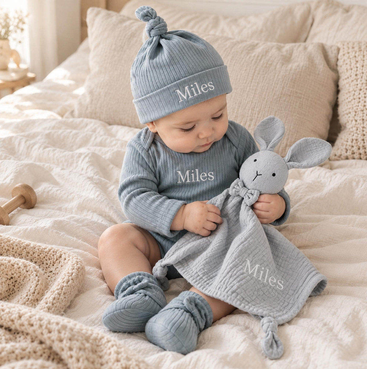 Personalized Organic Cotton Baby Gift Set, Ribbed Bodysuit, Hat, Booties, Bunny Lovey