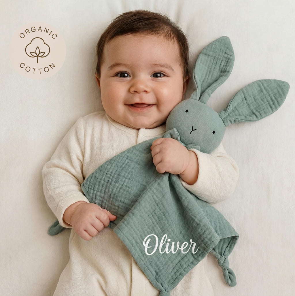 Embroidered Organic Cotton Bunny Lovey, Personalized Baby Gift, Bunny Toy
