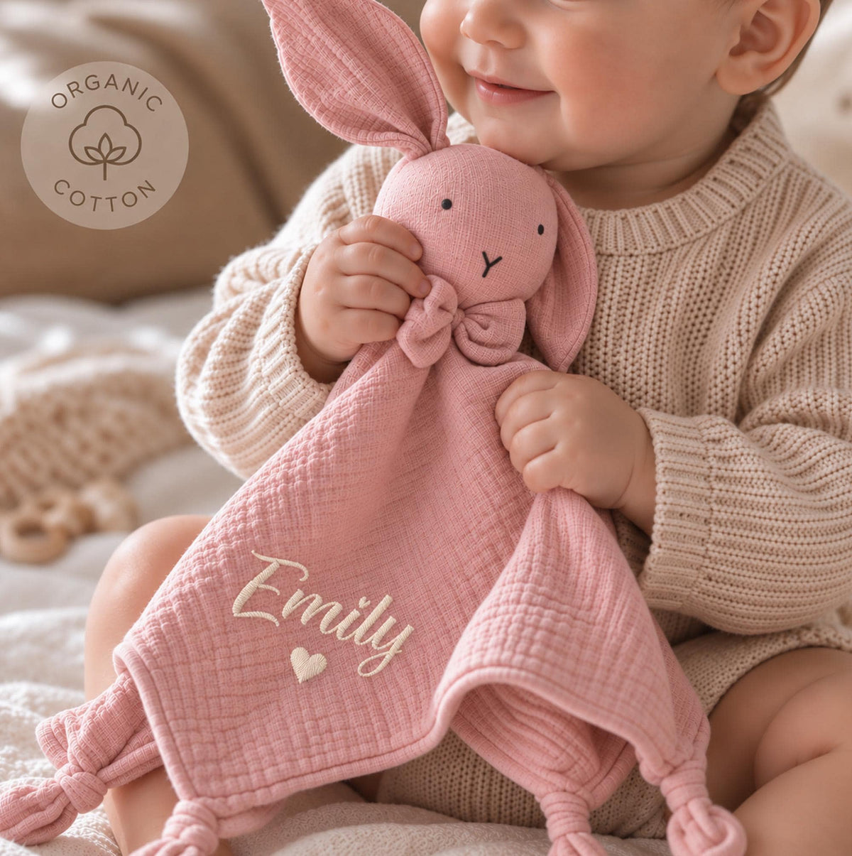 Embroidered Organic Cotton Bunny Lovey, Personalized Baby Gift, Bunny Toy