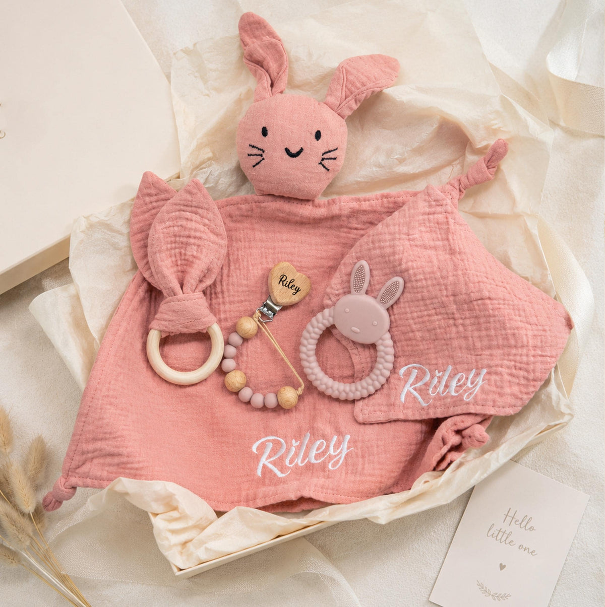 Personalized Bunny Lovey Gift Set – Embroidered Muslin, Pacifier Clip & Toy