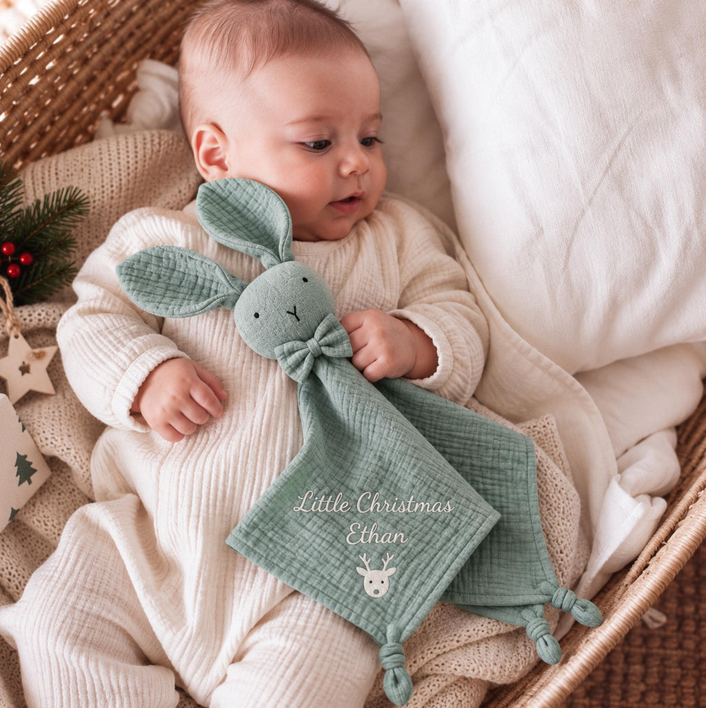 Personalized Christmas Bunny Lovey, Organic Cotton Baby Comforter, Custom Name Embroidered Baby Christmas Gift