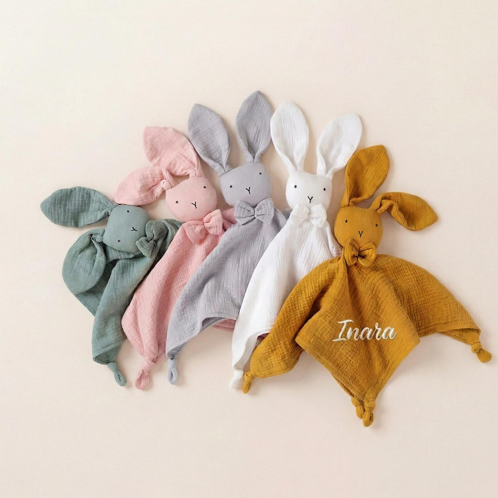 Personalized Organic Cotton Bunny Lovey, Custom Embroidered Baby Comforter