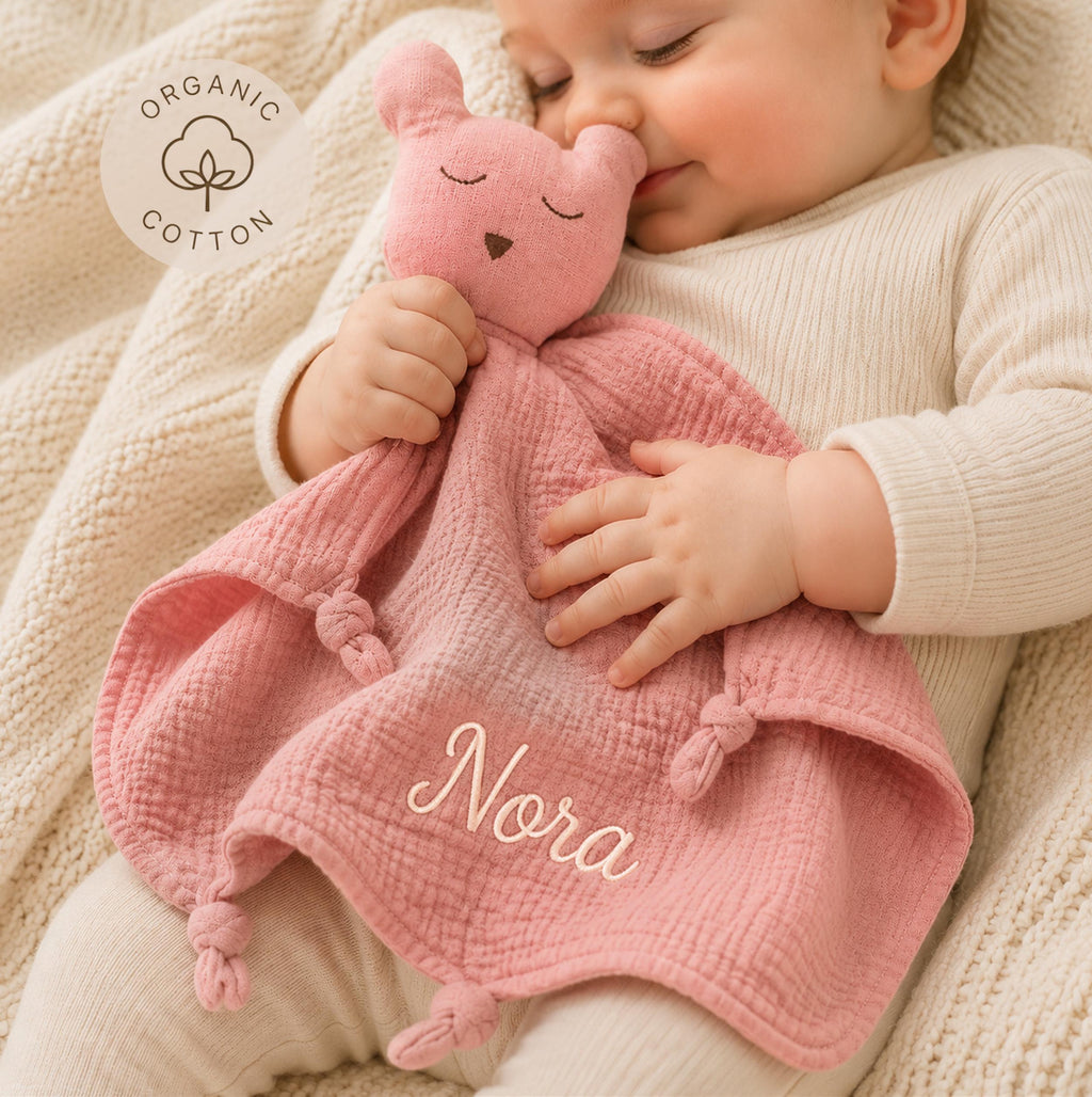 Personalized Organic Cotton Bear Lovey, Custom Name Embroidery, Baby Gift