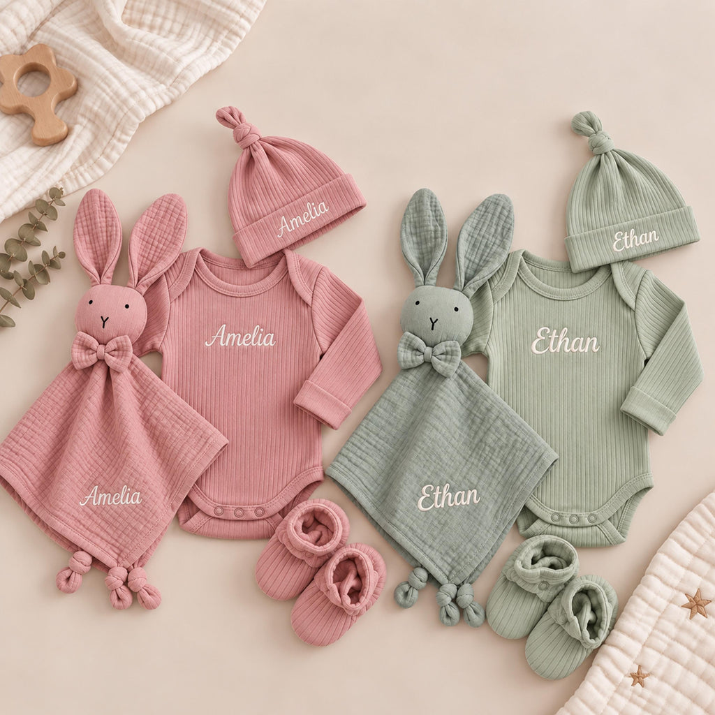 Personalized Organic Cotton Baby Gift Set, Ribbed Bodysuit, Hat, Booties, Bunny Lovey