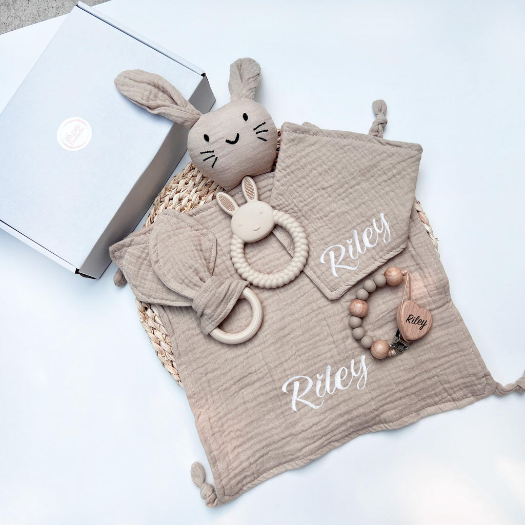 Personalized Bunny Lovey Gift Set – Embroidered Muslin Baby Toy
