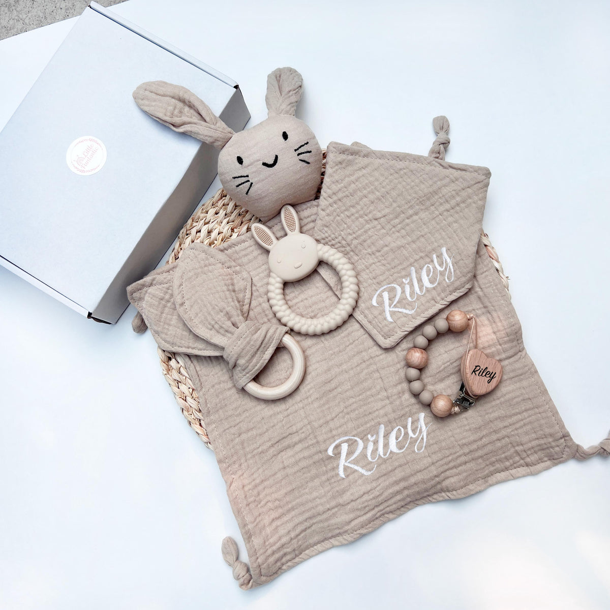 Personalized Bunny Lovey Gift Set – Embroidered Muslin Baby Toy
