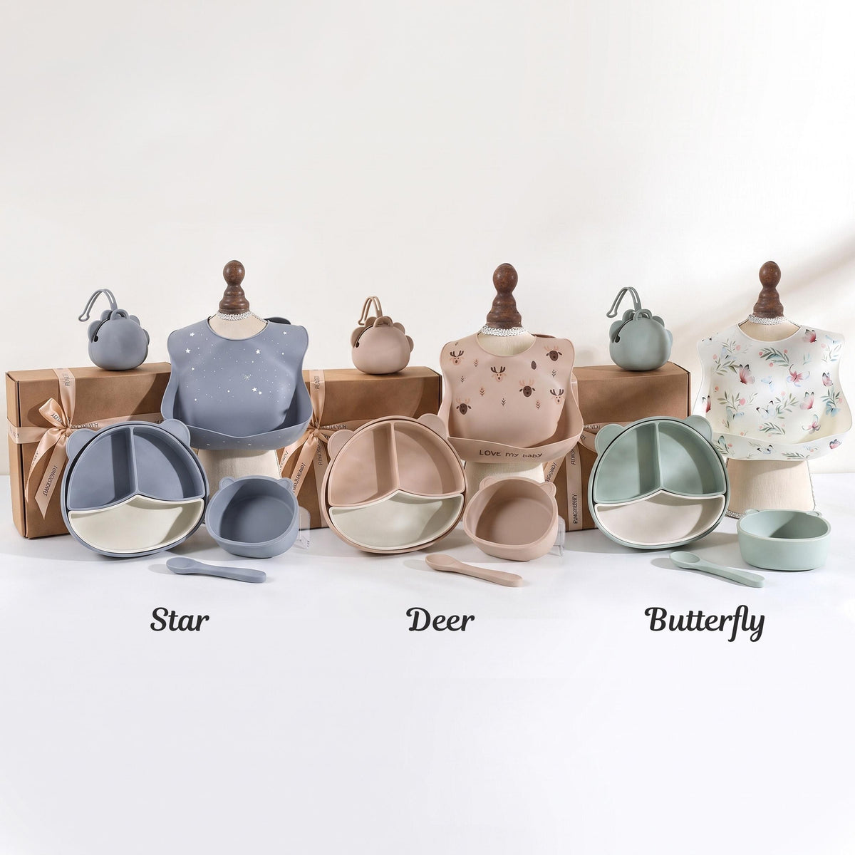 Personalized Silicone Baby Feeding Set, Bib, Plate, Bowl, Spoon, Snack Cup (Gift Box)