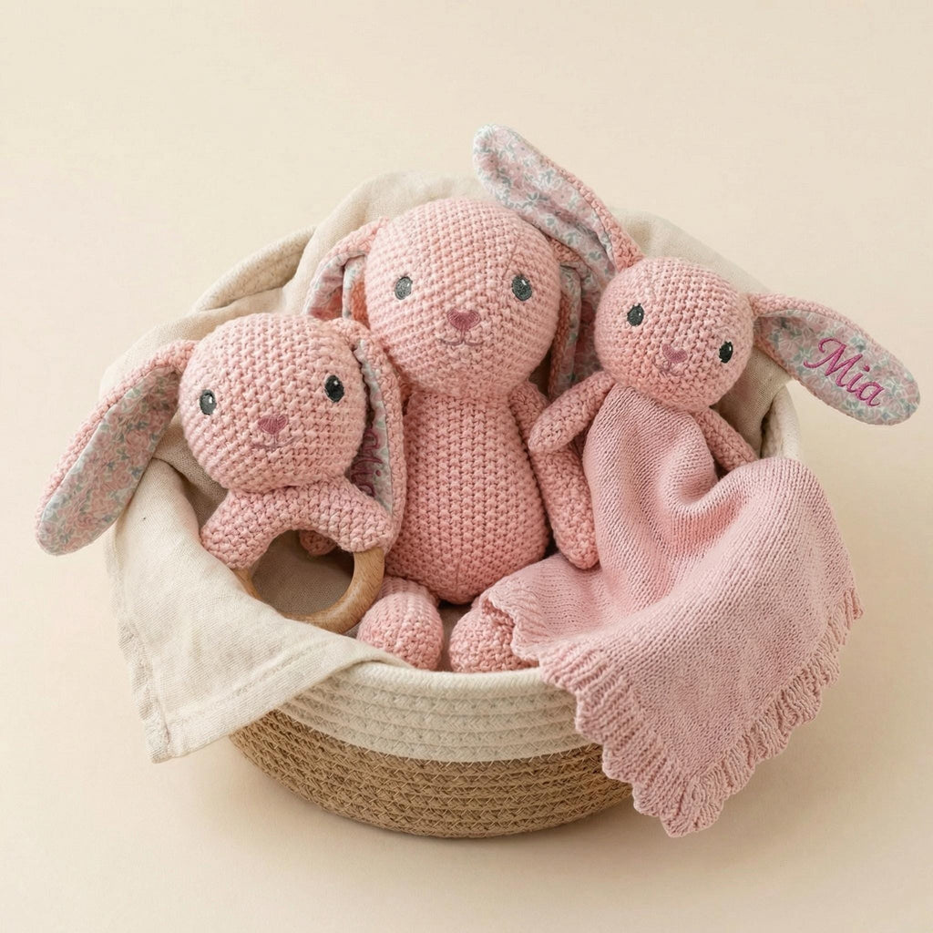 Personalized Bunny Lovey Set | Crochet Bunny Rattle Toy | Custom Name Baby Gift | Newborn Gift Girl | Baby Shower Gift