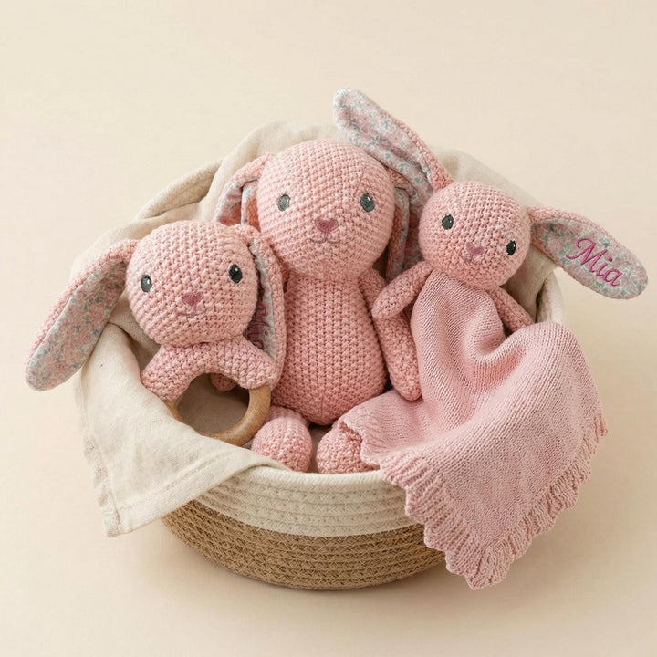 Personalized Bunny Lovey Set | Crochet Bunny Rattle Toy | Custom Name Baby Gift | Newborn Gift Girl | Baby Shower Gift