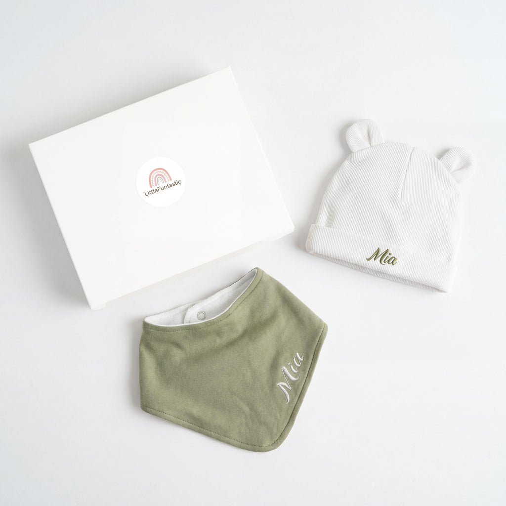 Personalized Organic Baby Gift Set, Embroidered Bib & Hat with box