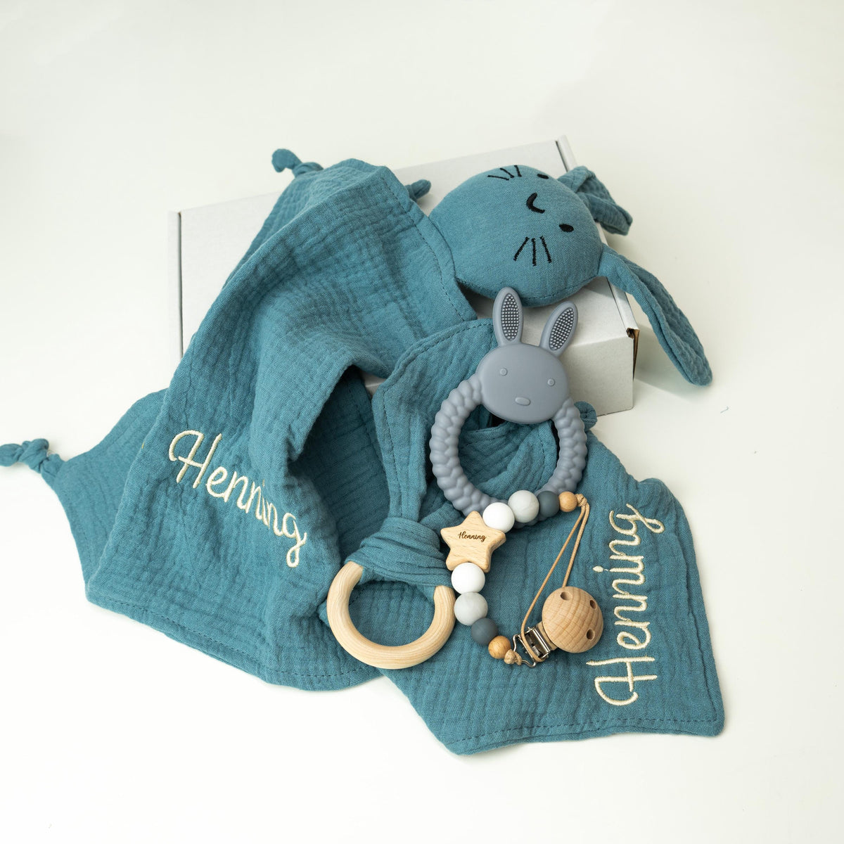 Personalized Bunny Lovey Gift Set – Embroidered Name, Pacifier Clip, Baby Bib, Toy