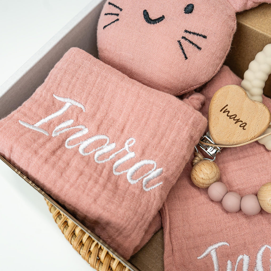 Personalized Embroidered Bunny Lovey Gift Set – Muslin, Pacifier Clip, Toy, Bib