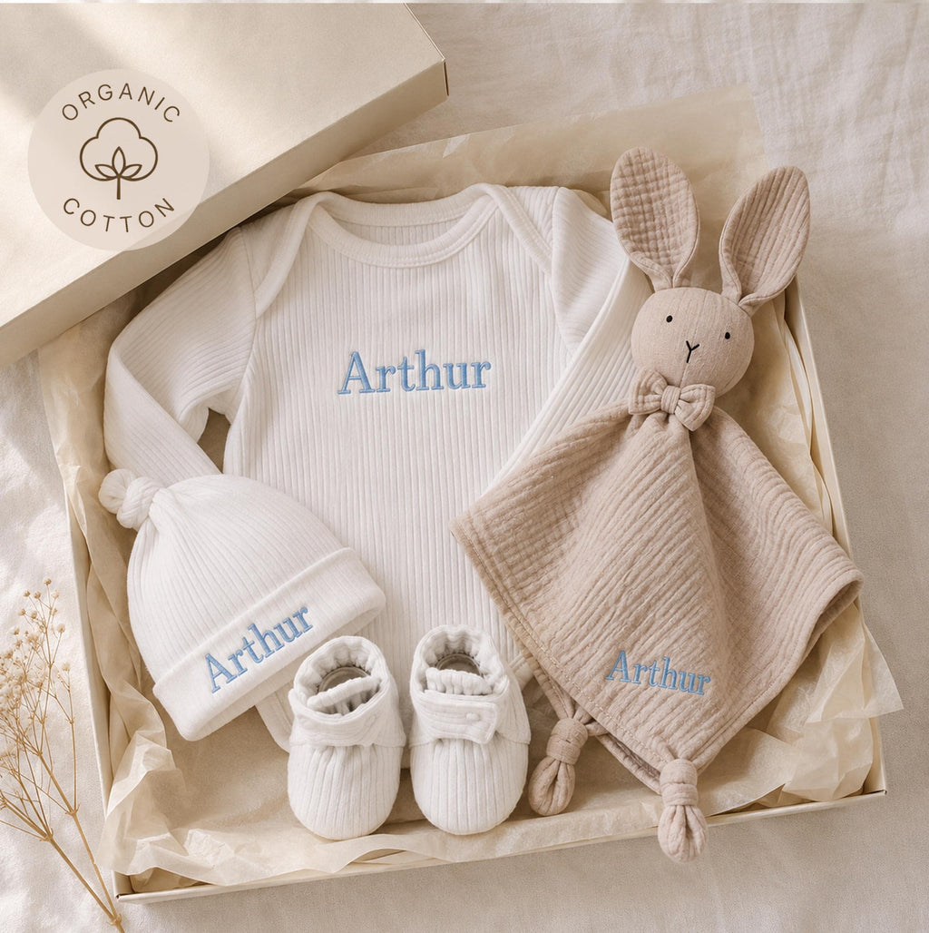 Personalized Organic Cotton Baby Gift Set, Ribbed Bodysuit, Hat, Booties, Bunny Lovey