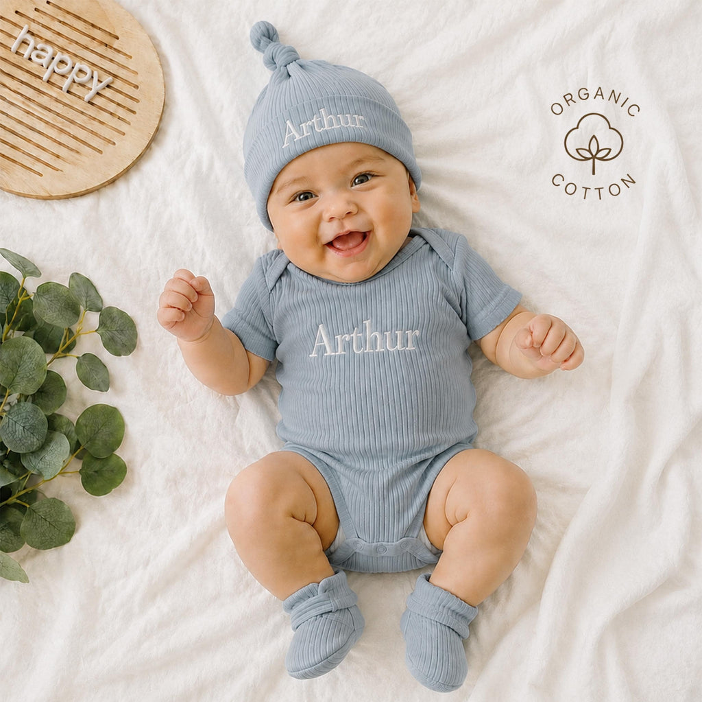 Personalized Baby Outfit Set | Ribbed Organic Cotton Bodysuit, Hat & Booties | Baby Shower Gift