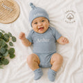 Personalized Baby Outfit Set | Ribbed Organic Cotton Bodysuit, Hat & Booties | Baby Shower Gift