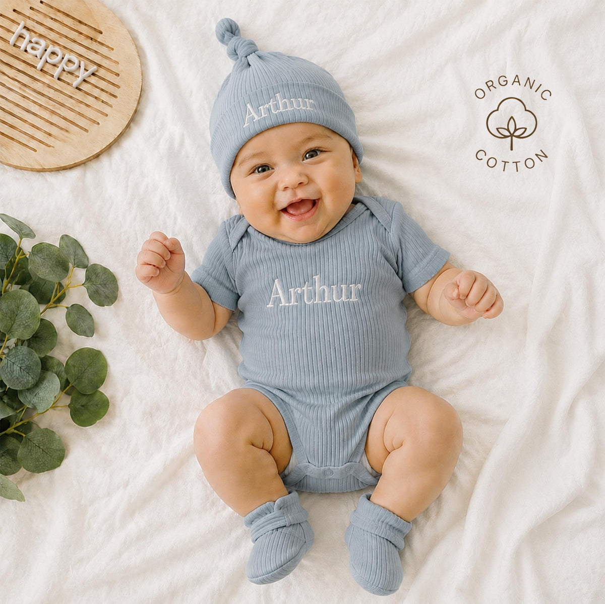 Personalized Baby Outfit Set | Ribbed Organic Cotton Bodysuit, Hat & Booties | Baby Shower Gift