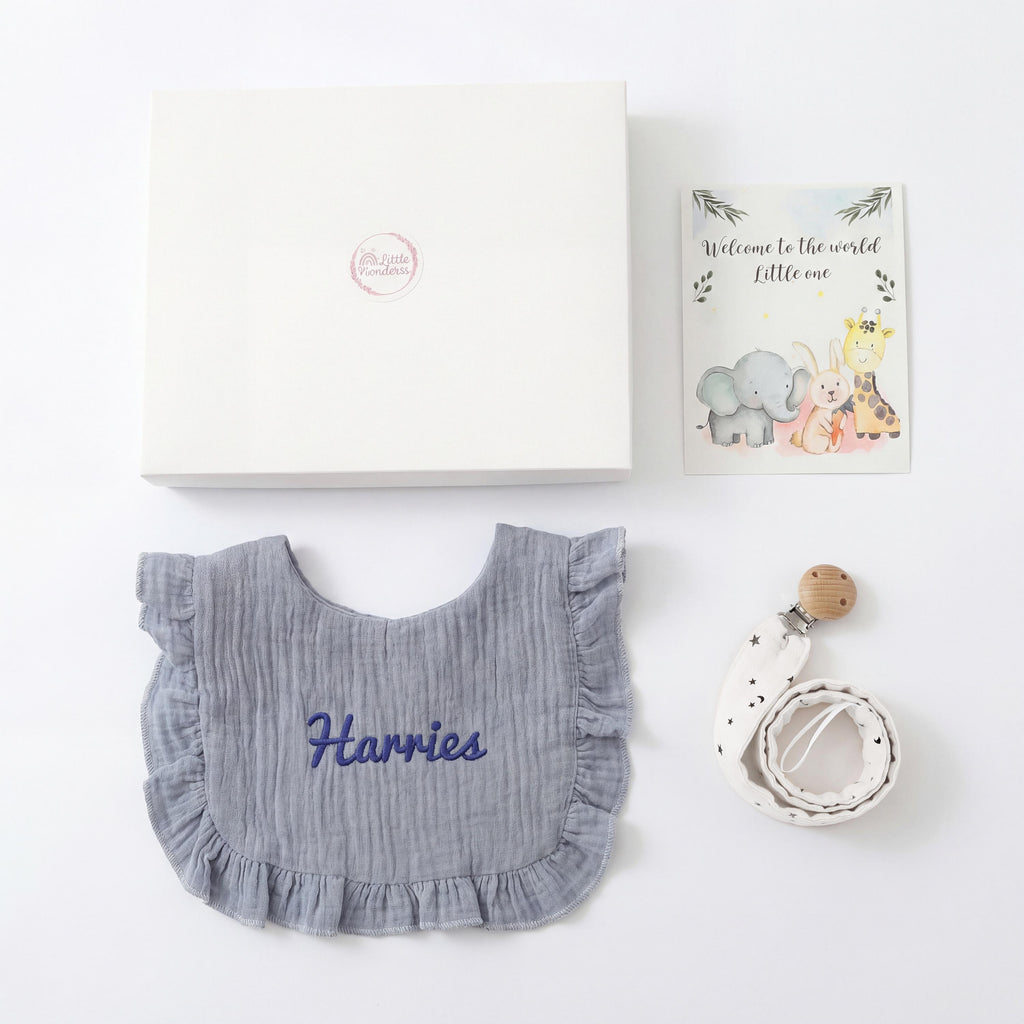 Personalized Muslin Baby Gift Set, Embroidered Bib & Pacifier Clip