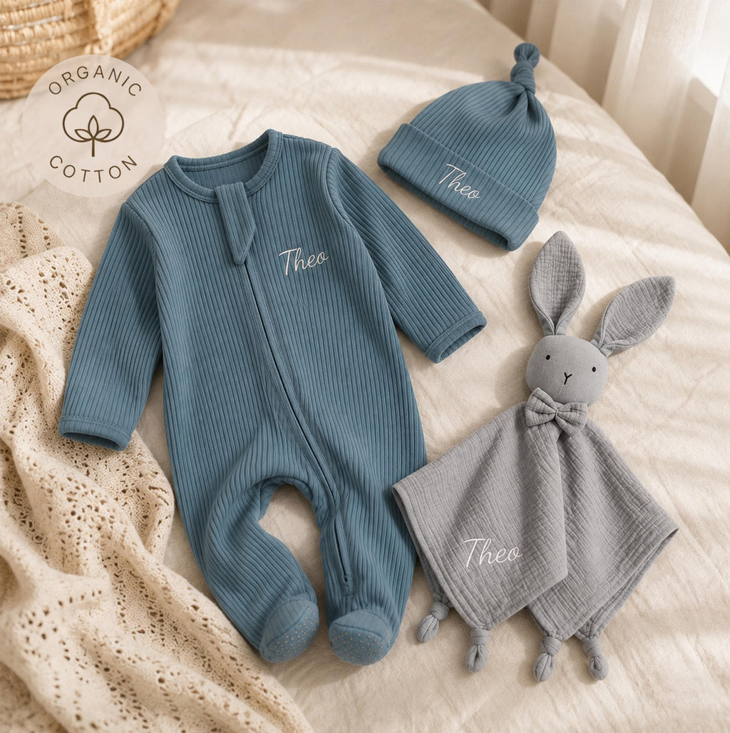 Personalized Baby Romper, Hat & Bunny Lovey Set, Newborn Gift (Organic Cotton)