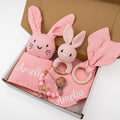 Personalized Bunny Lovey Gift Set – Embroidered Muslin, Pacifier Clip & Bunny Crochet Toy