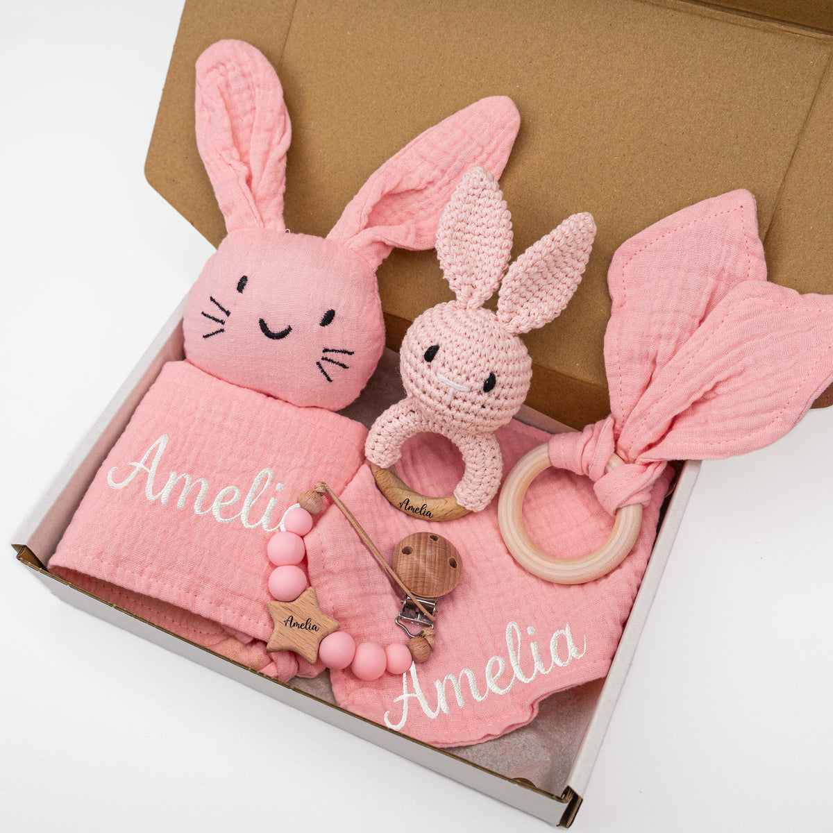 Personalized Bunny Lovey Gift Set – Embroidered Muslin, Pacifier Clip & Bunny Crochet Toy