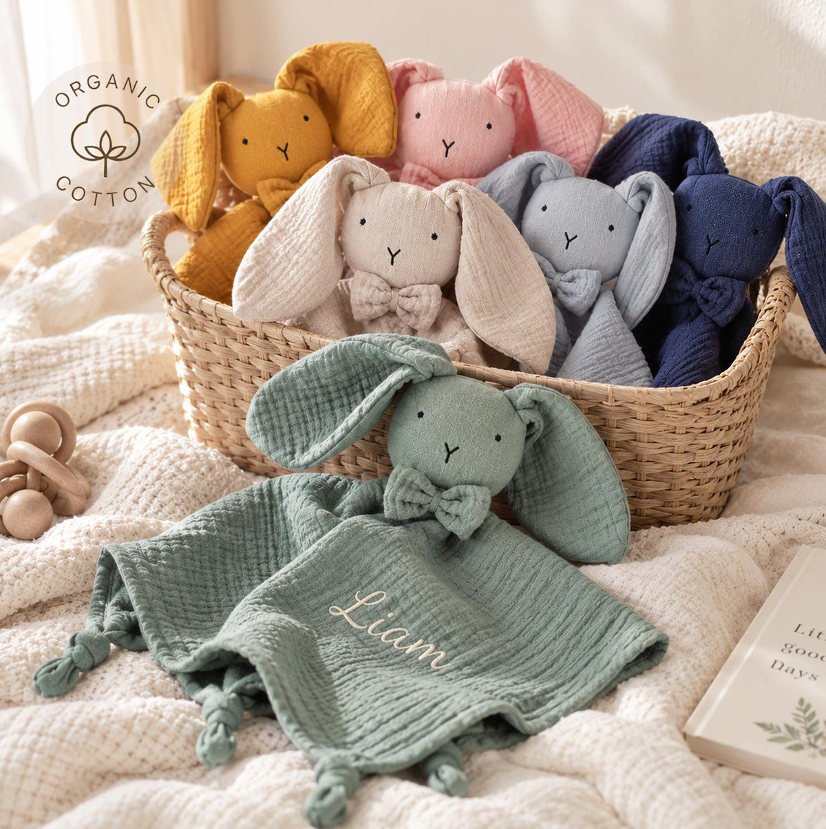 Personalized Christmas Bunny Lovey, Organic Cotton Baby Comforter, Custom Name Embroidered Baby Christmas Gift