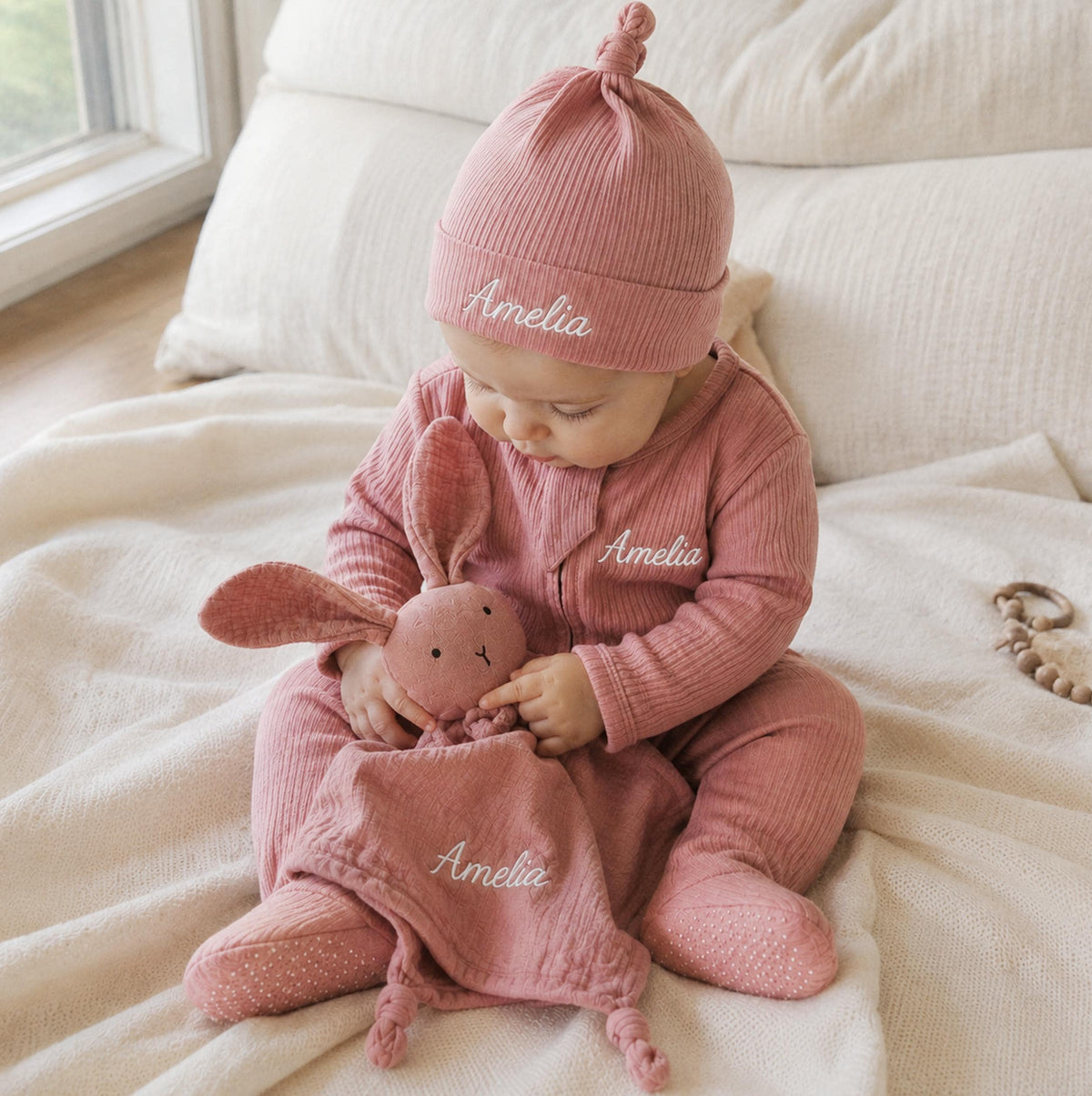 Personalized Baby Romper, Hat & Bunny Lovey Set, Newborn Gift (Organic Cotton)