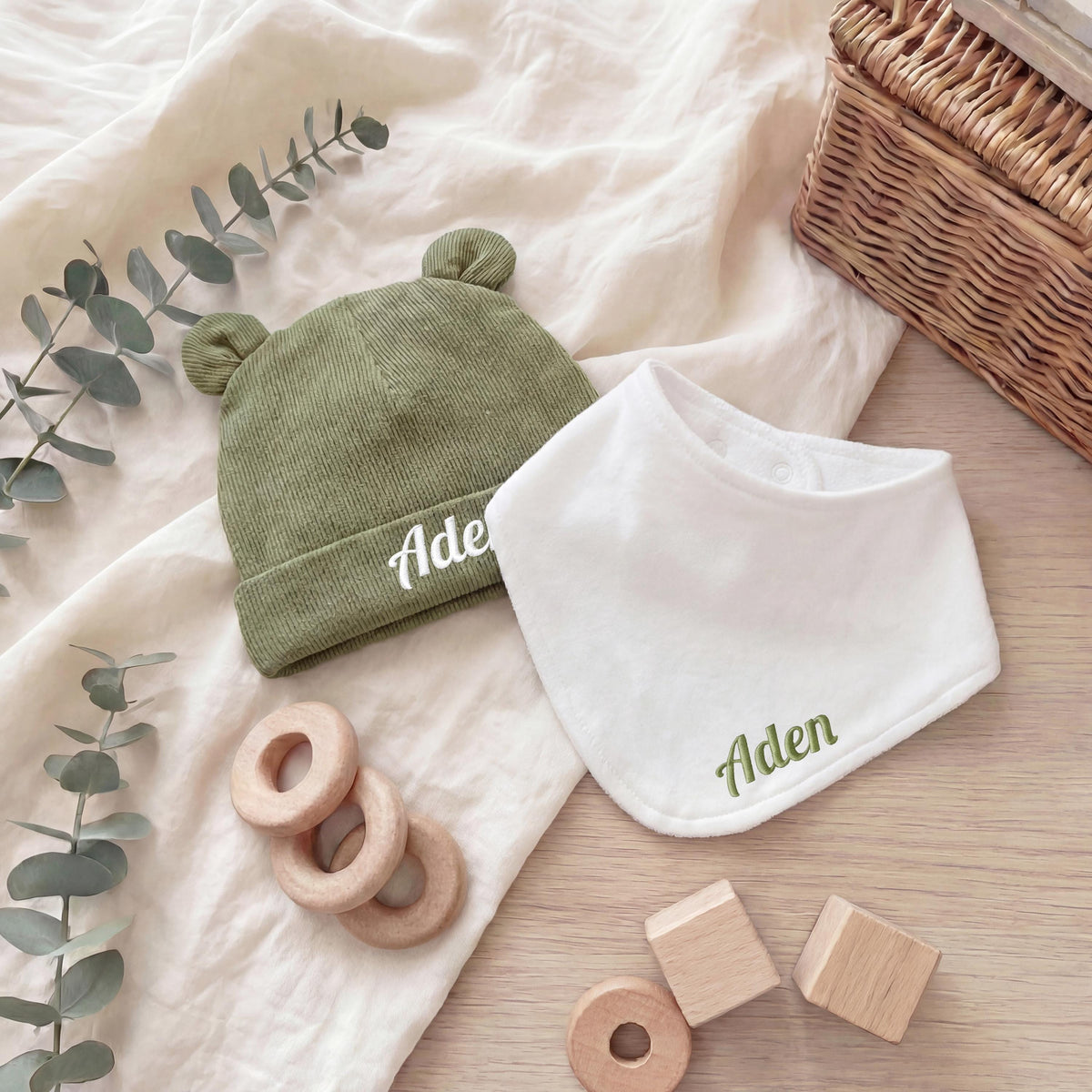 Personalized Organic Baby Gift Set, Embroidered Bib & Hat with box