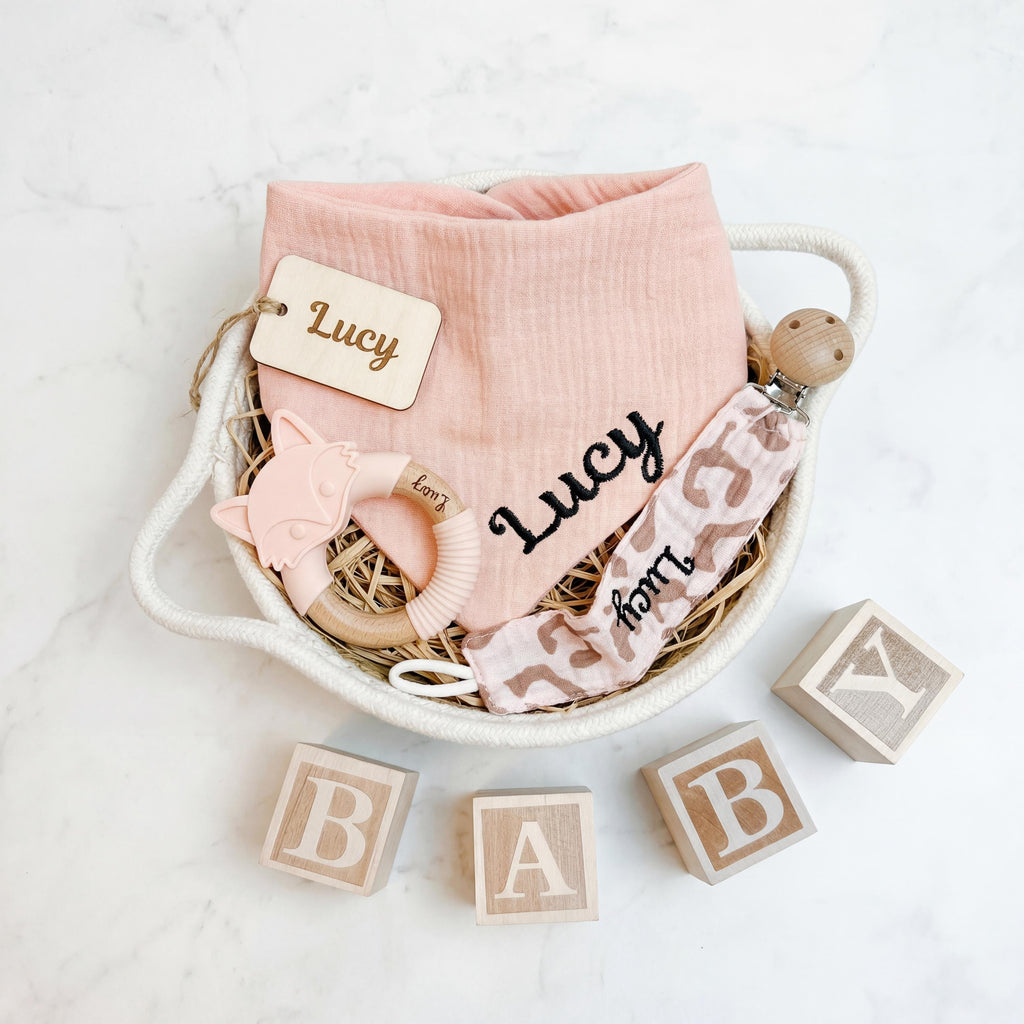 Personalized Baby Girl Gift Set, Embroidered Bib, Pacifier Clip & Engraved Wood Toy