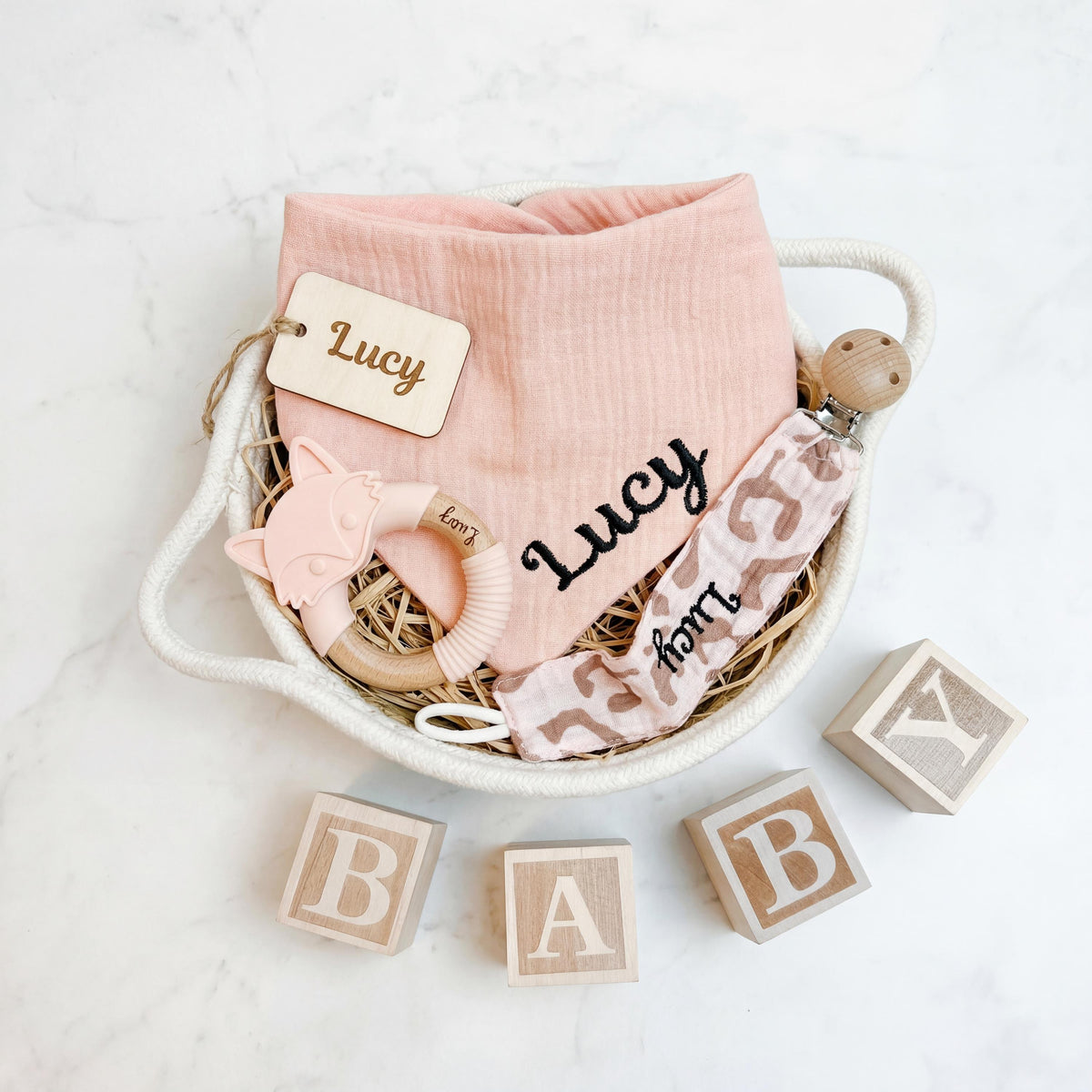 Personalized Baby Girl Gift Set, Embroidered Bib, Pacifier Clip & Engraved Wood Toy