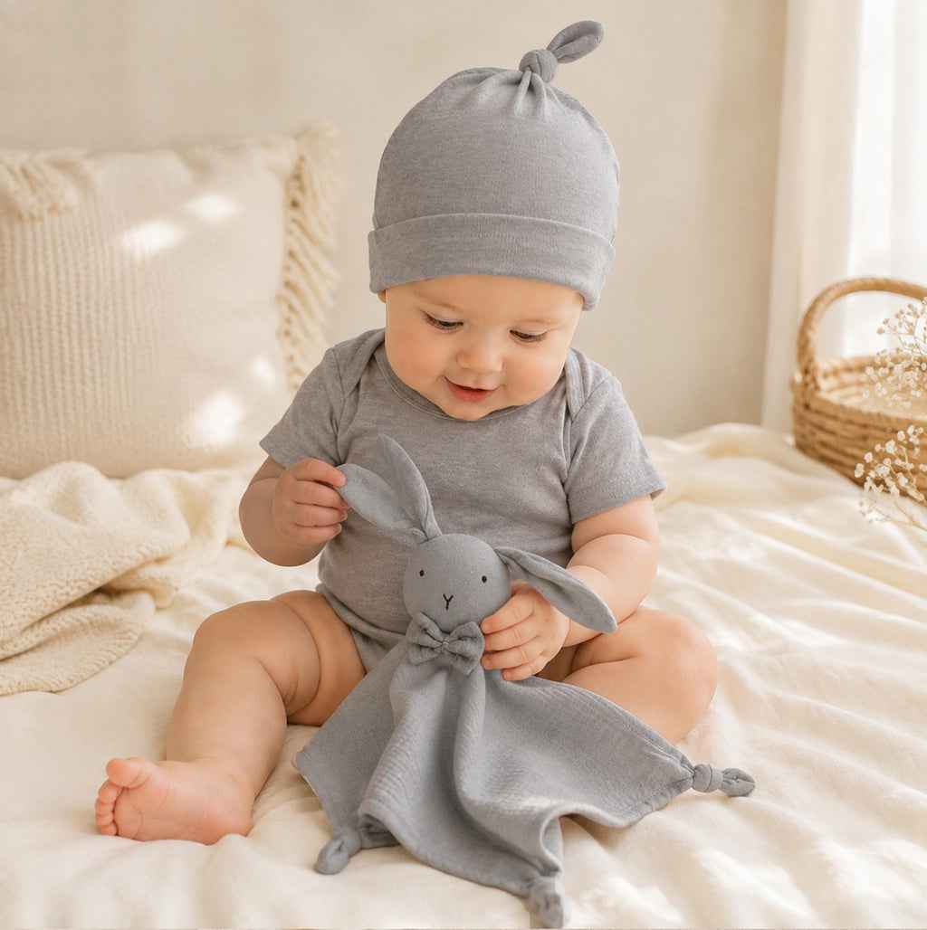 Personalized Organic Cotton Baby Gift Set, Embroidered Bodysuit, Hat, Bunny Lovey
