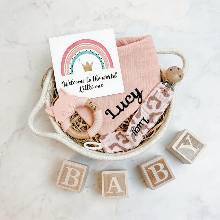 Personalized Baby Girl Gift Set, Embroidered Bib, Pacifier Clip & Engraved Wood Toy