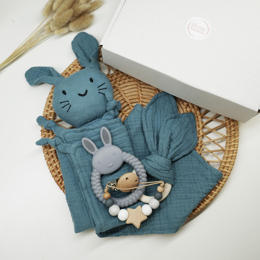 Personalized Bunny Lovey Gift Set – Embroidered Name, Pacifier Clip, Baby Bib, Toy