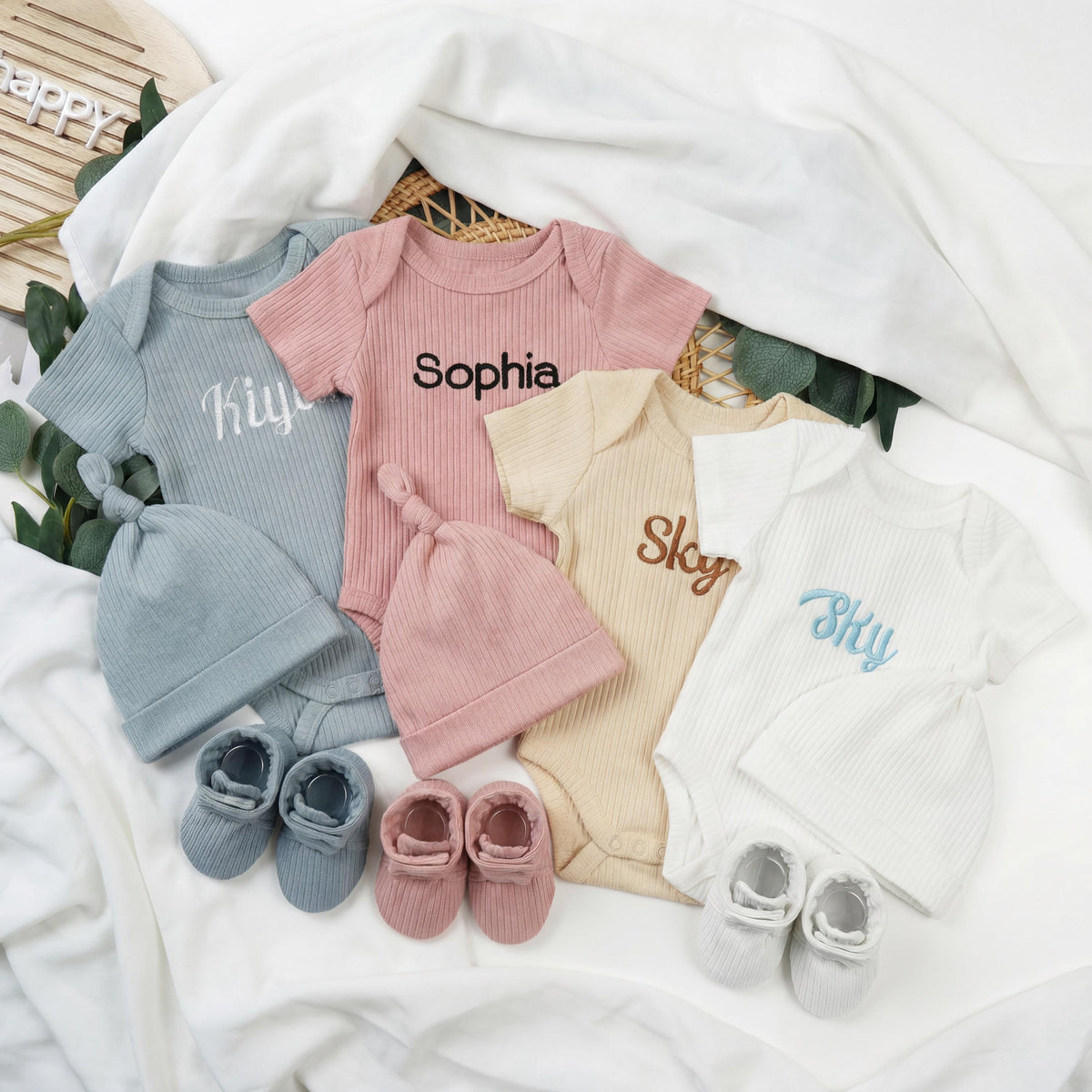 Personalized Organic Cotton Baby Gift Set, Embroidered Bodysuit, Hat, Lovey