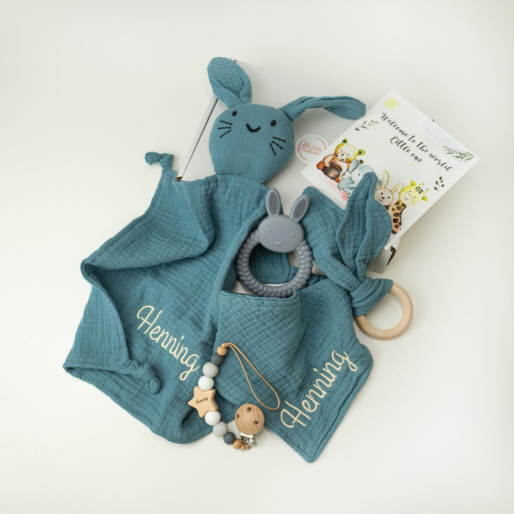 Personalized Bunny Lovey Set – Custom Baby Gift with Name Embroidery, Pacifier Clip & toy – Newborn Gift Set