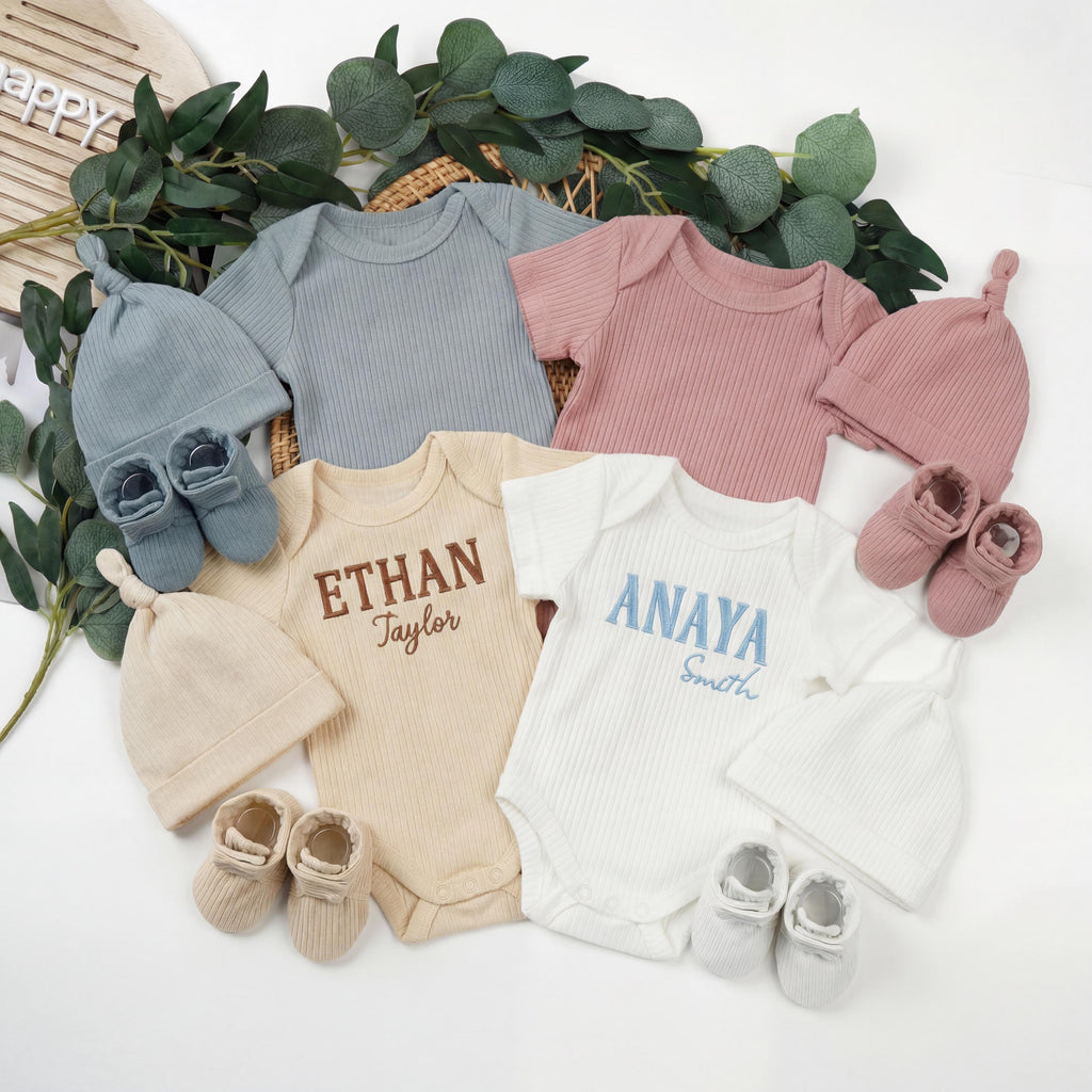 Embroidered Baby Outfit Set | Ribbed Cotton Bodysuit, Hat & Booties