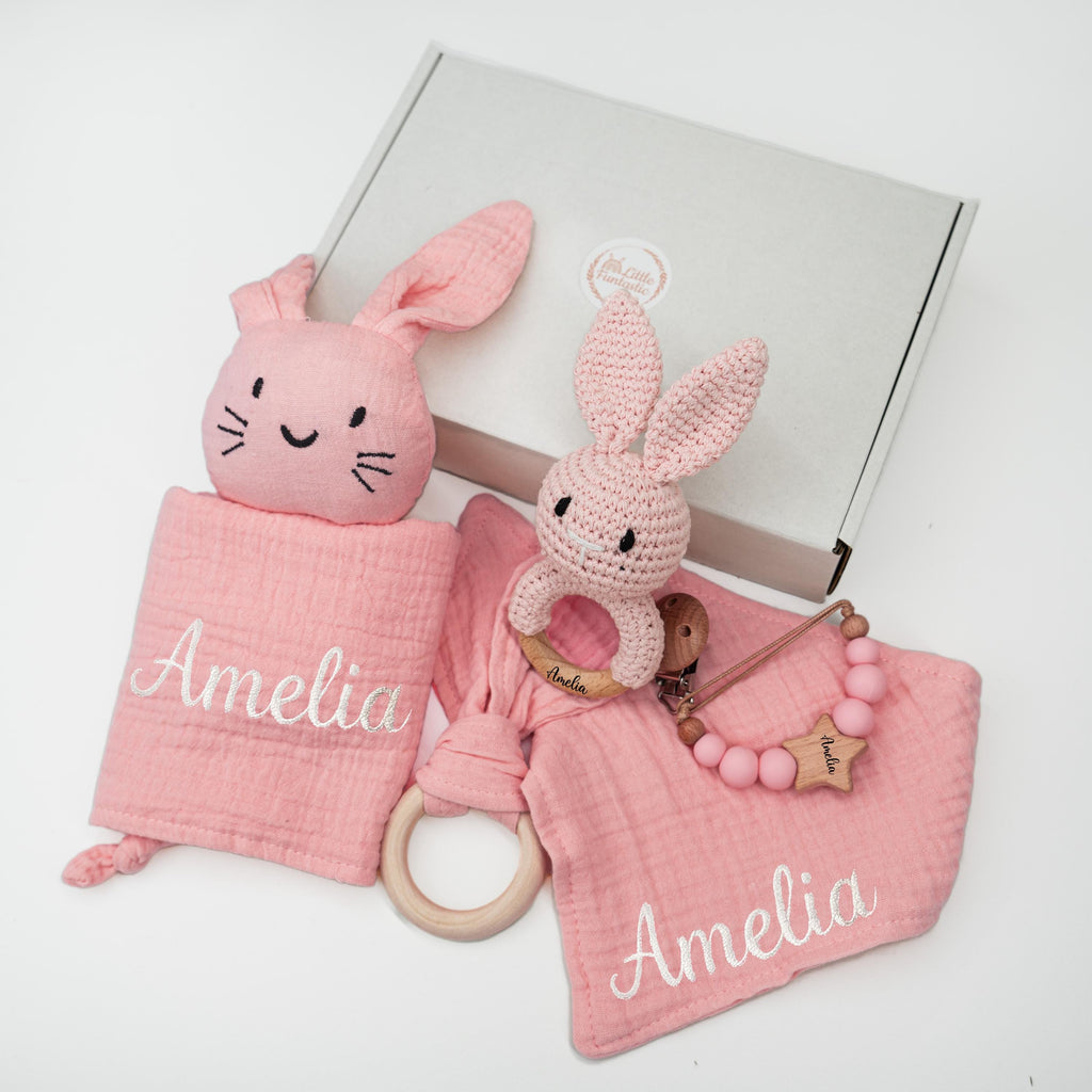 Personalized Bunny Lovey Gift Set – Embroidered Muslin, Pacifier Clip & Bunny Crochet Toy