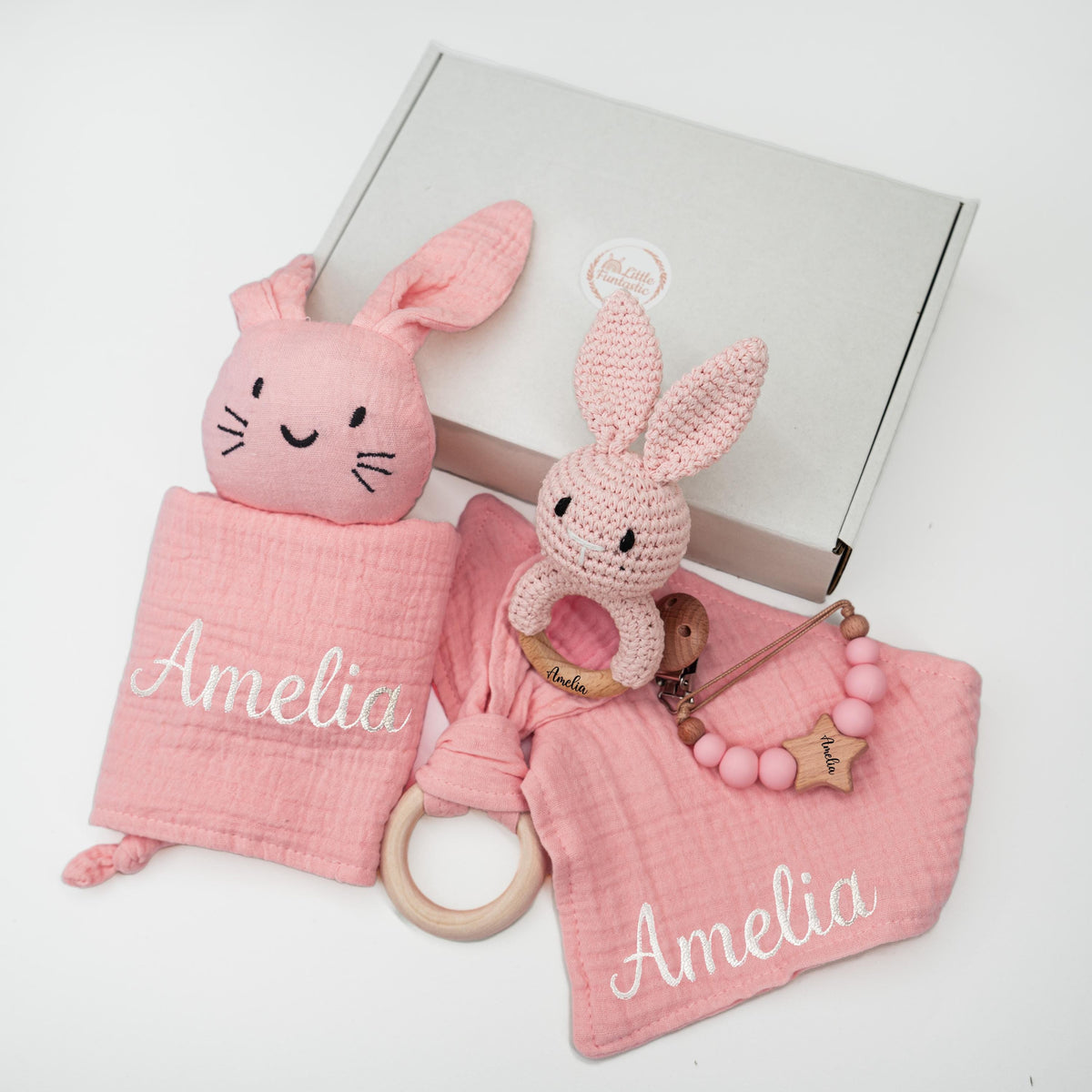Personalized Bunny Lovey Gift Set – Embroidered Muslin, Pacifier Clip & Bunny Crochet Toy