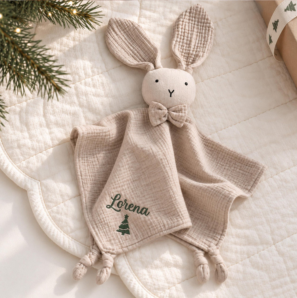 Personalized Christmas Bunny Lovey, Organic Cotton Baby Comforter, Custom Name Embroidered Baby Christmas Gift